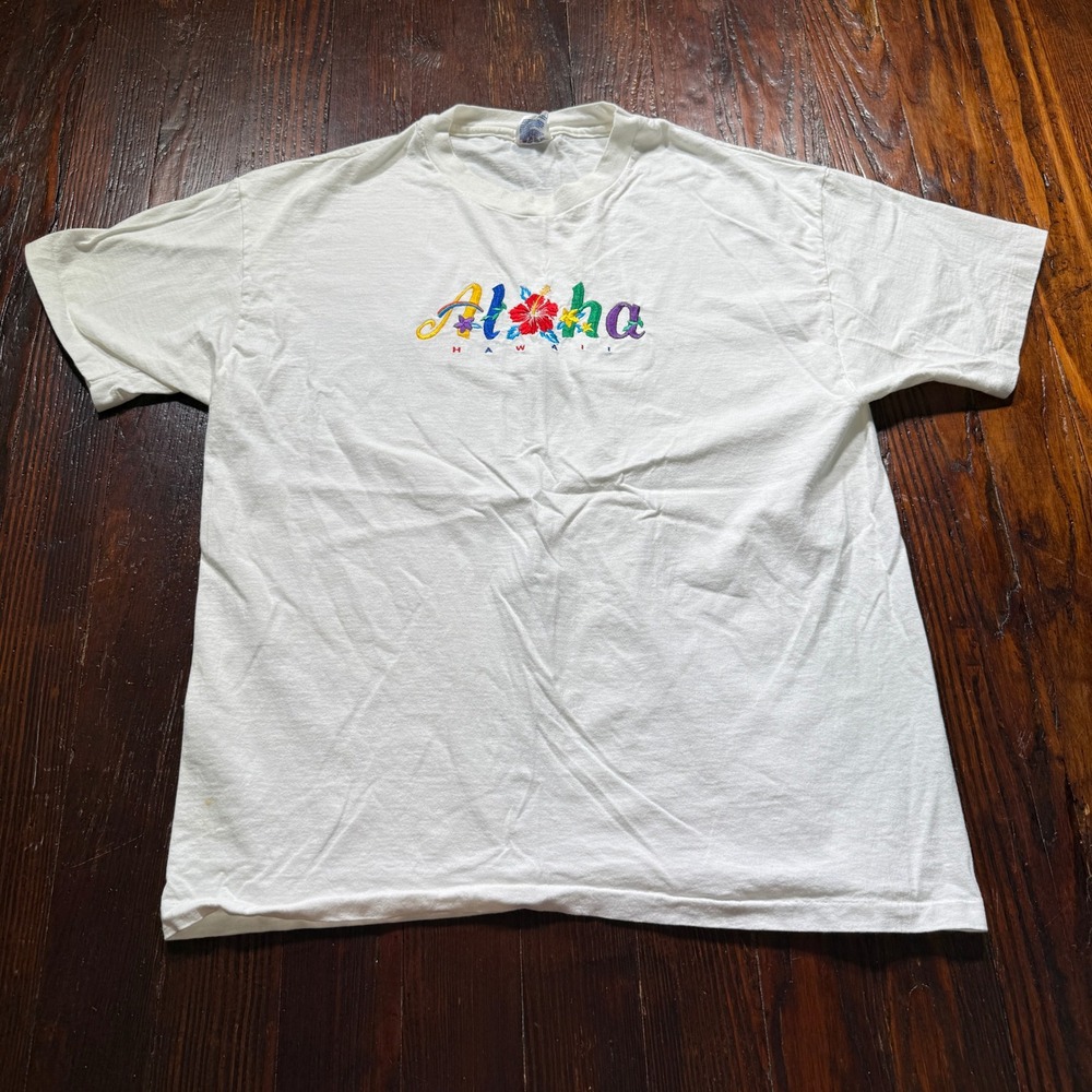 Vintage 90s Hawaii T Shirt Mens XL White Aloha Hanes Embroidered Single Stitch‎